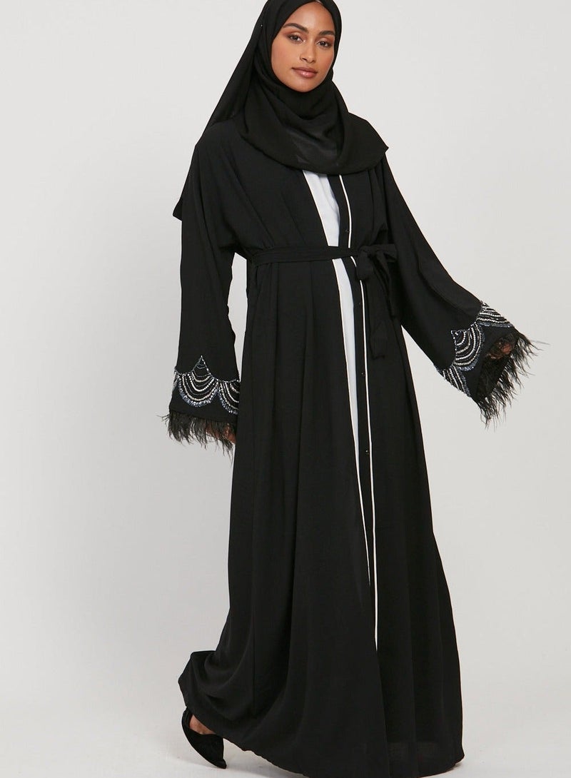 NUKHBAA Elegant Black plain abaya wityh belt and Hijab-N243A - Image 1